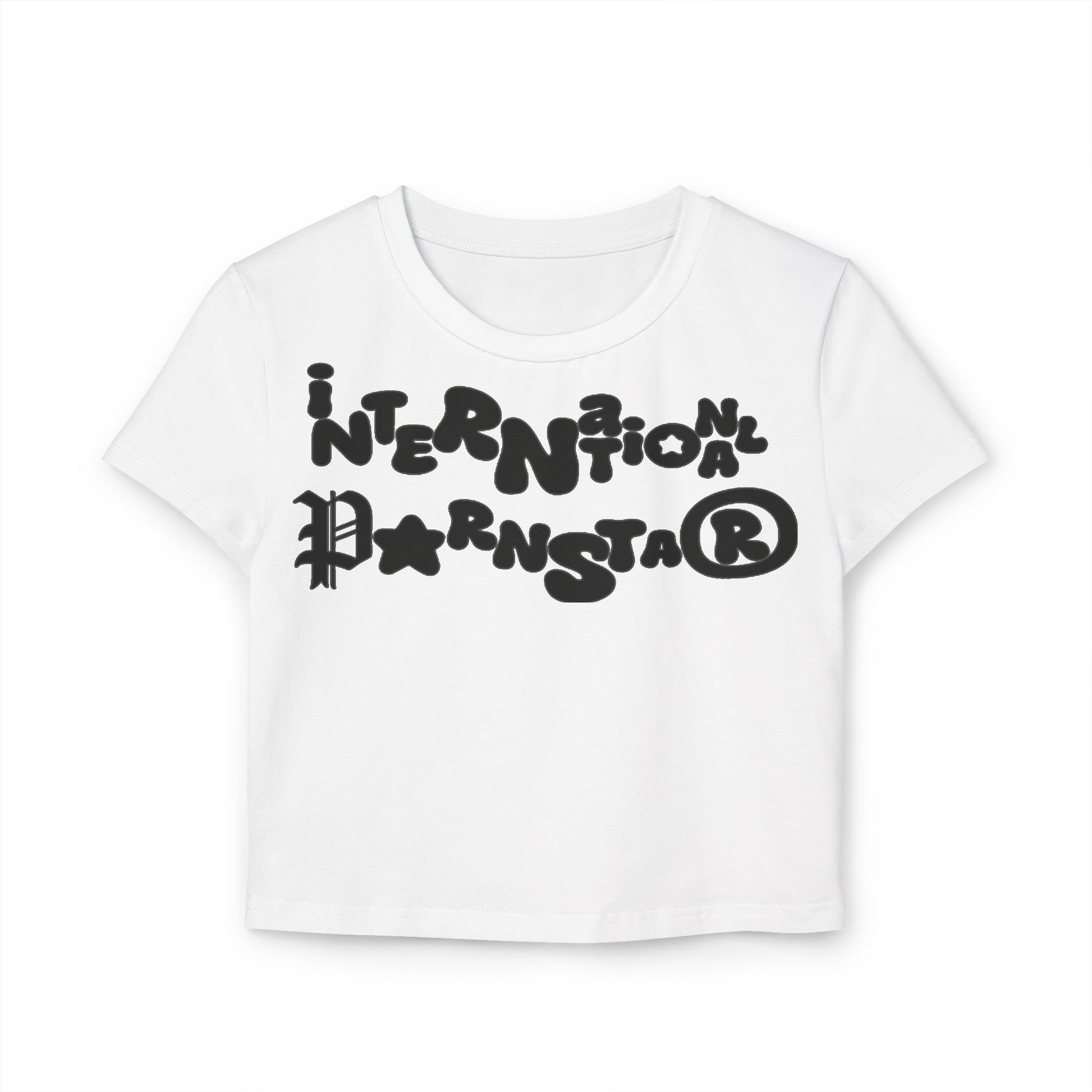 Chic white cropped baby T-shirt with a striking graphic design saying 'International Pornstar', offering a modern twist for fashionable outfits.