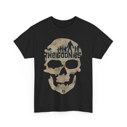 A close-up view of The Goonies Graphic T-Shirt Urban Unisex Cotton Tee in black, featuring an intricate skull graphic, exuding urban elegance for enthusiastic fans.