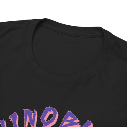 Elegant close-up of the neckline detail on a premium black T-shirt featuring vivid anime-inspired artwork.