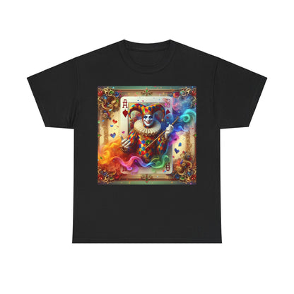 Harlequin Playing Card Graphic Tee in black featuring a vibrant harlequin jester design with playing cards, showcasing luxury streetwear style for unisex fashion.