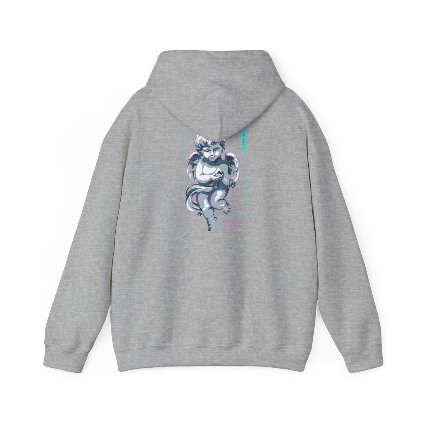 Sophisticated gray hoodie adorned with a captivating cherubic angel illustration on the back, perfect for chic casual outfits.