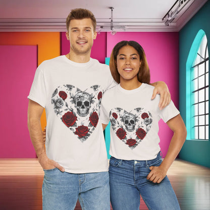 A stylish couple wearing the Skulls and Roses Cotton Tee, Unisex Graphic Shirt, highlighting a bold skull and rose design, perfect for alternative fashion lovers.