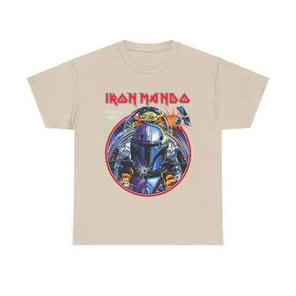Iron Mando Graphic Tee in beige, featuring a luxurious Mandalorian design with intricate armor details and iconic characters, perfect for Star Wars enthusiasts.