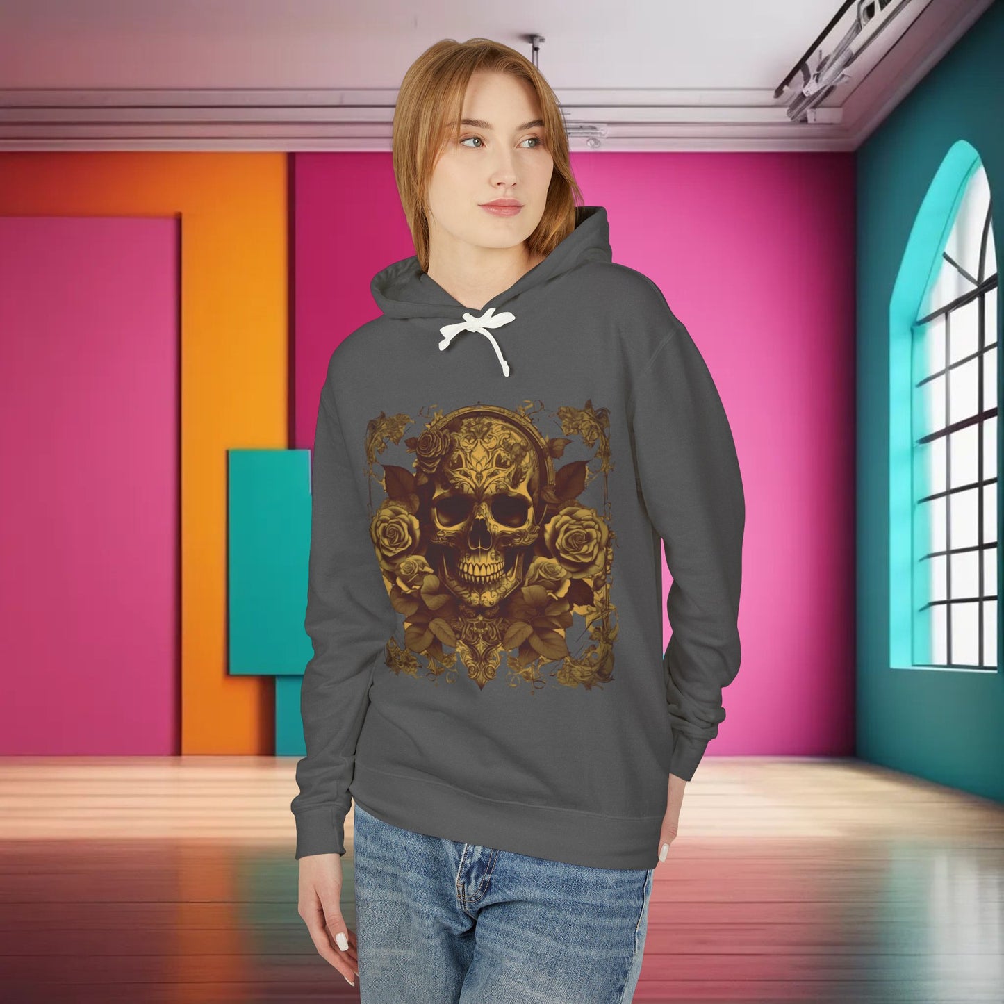 Unisex Lightweight Hooded Sweatshirt unique designer skull and roses