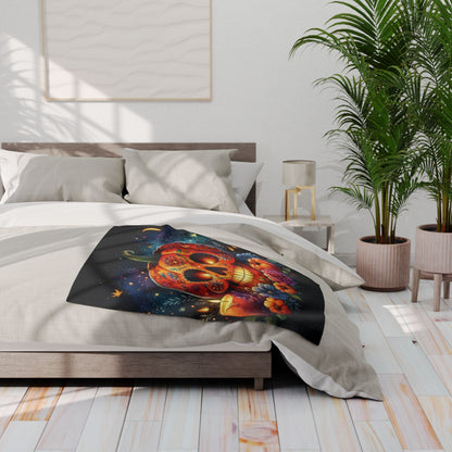 Luxurious Decorative and Warm Halloween Spooky Arctic Fleece Blanket draped over a stylish bed, featuring a vibrant skull design surrounded by flowers, perfect for enhancing your Halloween decor.