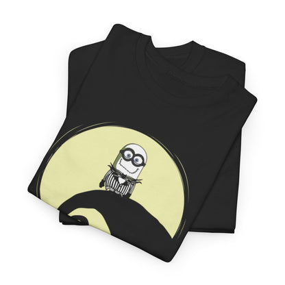Folded Minion Jack Skellington Unisex Mens Womens Graphic Funny T Shirt showcasing the design of a Minion on a crescent moon backdrop. A unique and humorous addition to your wardrobe. T Shirt, Funny, Minions.