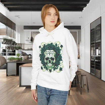 Unisex Lightweight Hooded Sweatshirt featuring a unique designer skull and roses design, elegantly worn by a model in a stylish kitchen setting.