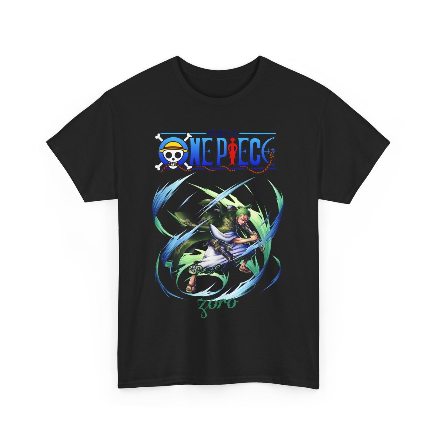 Sophisticated black t-shirt featuring a detailed design of Zoro from One Piece, showcasing an action-packed pose imbued with energetic aesthetics, perfect for the modern anime enthusiast.