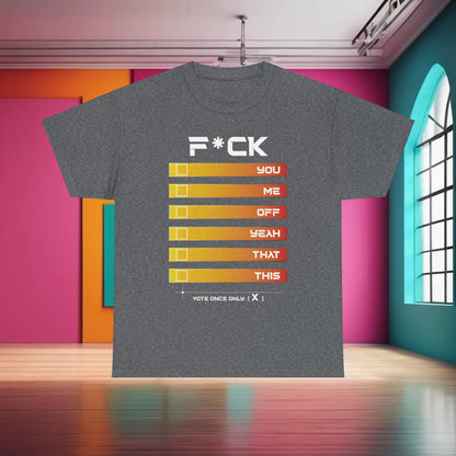F*CK Graphic Tee - Premium Cotton Unisex Remarkable Statement T-Shirt in Dark Grey displayed against a vibrant backdrop, illustrating its striking and audacious design.