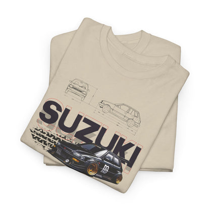Elegantly folded Suzuki Forza men's T-shirt showcasing a dynamic graphic design with a striking black silhouette of the Suzuki car and engineering sketches.