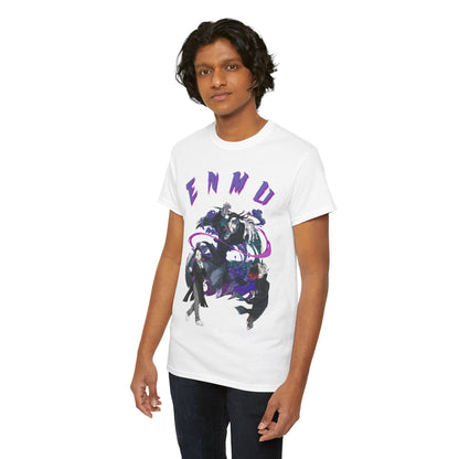 Another model elegantly displaying the Enmu-inspired Demon Slayer T-shirt with striking anime graphics and bold colour contrast.