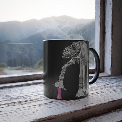 Chic presentation of the Rebel Gum Star Wars Heat Change Coffee Mug on a windowsill, accentuating the unique AT-AT Design with steam rising, inviting warmth.