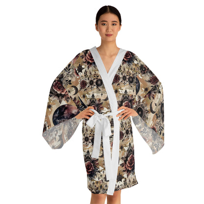 Luxury Women's Floral Kimono Robe with long sleeves and a stylish tie, designed for comfort and sophistication, ideal for relaxing at home.