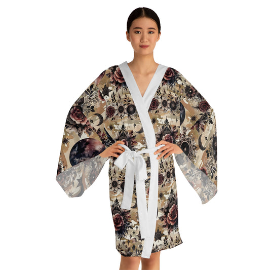 Luxury Women's Floral Kimono Robe with long sleeves and a stylish tie, designed for comfort and sophistication, ideal for relaxing at home.