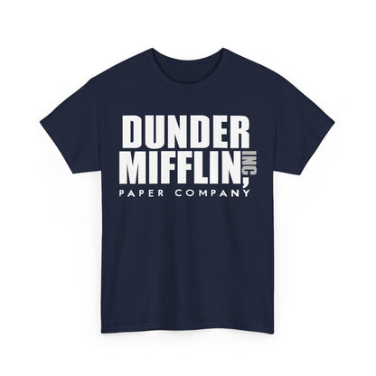 The Office Dunder Mifflin Logo Graphic T-Shirt in classic navy, displaying the unmistakable white logo, perfect for a chic casual look.