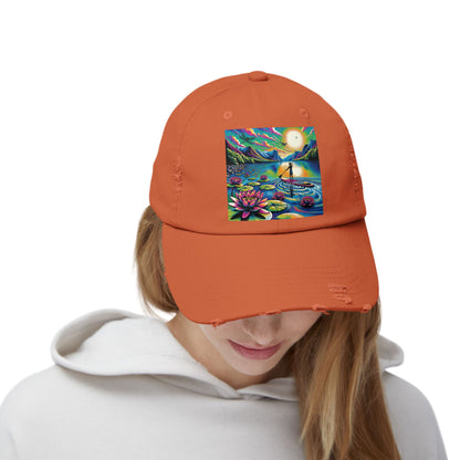 Unisex Distressed Paddleboarders Cap in vibrant orange showcasing a beautiful paddleboarding scene, perfect for water enthusiasts.