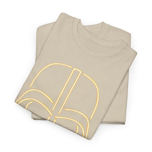 Folded Star Wars Neon Darth Funny Graphic T-Shirt featuring a striking yellow line art of Darth Vader's helmet, crafted for comfort and style, perfect for fans.