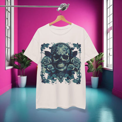 Skulls and Roses Cotton Tee, Unisex Graphic Shirt displayed in a stylish room setting, highlighting its edgy aesthetic and vibrant design.