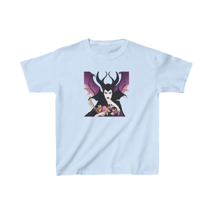 Maleficent Kids Tee in light blue, highlighting the elegant design of Maleficent surrounded by enchanting flowers. A stylish cotton t-shirt for fantasy-loving children.