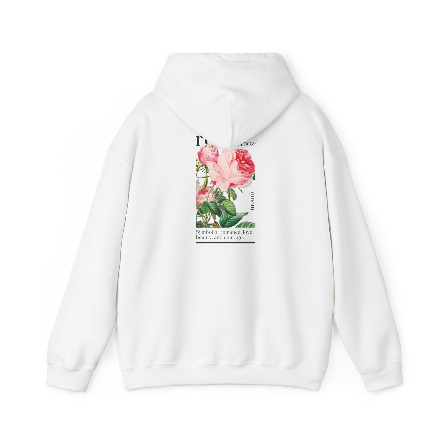 Elegant white hoodie featuring a stunning back print of botanical roses, embodying romance and beauty. The design showcases exquisite floral artistry and meaningful typography, perfect for modern fashion enthusiasts.