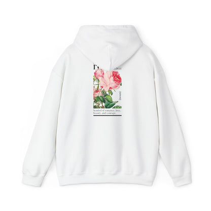 Elegant white hoodie featuring a stunning back print of botanical roses, embodying romance and beauty. The design showcases exquisite floral artistry and meaningful typography, perfect for modern fashion enthusiasts.