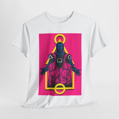 Luxurious Squid Game unisex graphic t-shirt in cotton, featuring a striking design with a figure in a pink background, perfect for urban street style and fashion enthusiasts.