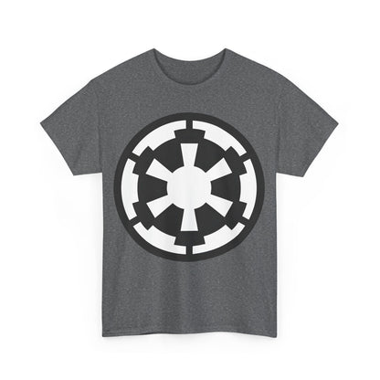 Front view of the Galactic Empire Star Wars Retro Logo Graphic Tee Unisex, featuring an iconic Galactic Empire logo in black and white on a grey background.