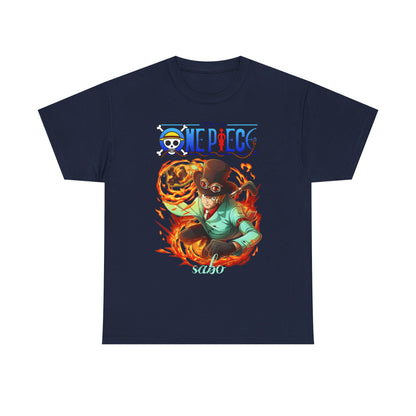 Luxury navy men's t-shirt featuring a striking design of Sabo from One Piece in an action pose surrounded by flames, meticulously crafted for anime enthusiasts.