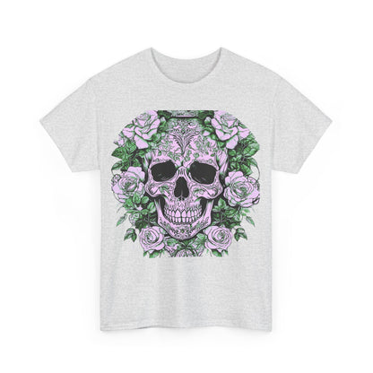 Flat lay of the Skulls and Roses Cotton Tee in light grey, featuring detailed skull and floral graphics, ideal for making a bold fashion statement.