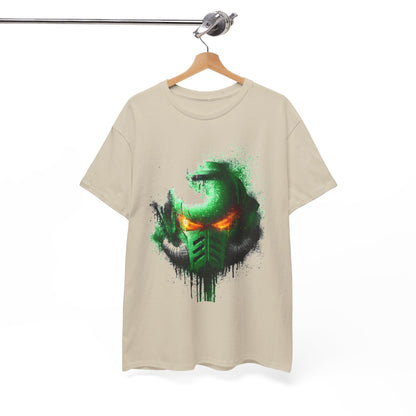 Chic beige t-shirt elegantly hanging, featuring a modern green helmet graphic with luminous orange accents, representing contemporary streetwear aesthetics for both men and women.