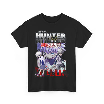 Luxurious black 'Hunter x Hunter' t-shirt featuring a striking graphic of Killua and Gon, showcasing vibrant anime artwork ideal for discerning fans.
