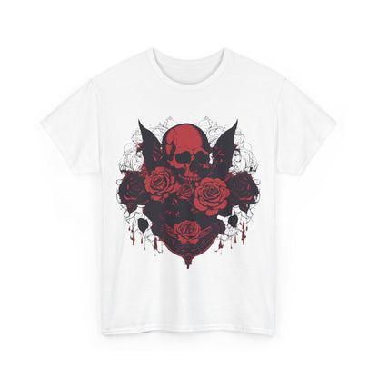 Front view of the Skulls and Roses Cotton Tee, featuring an intricate skull and rose graphic, embodying edgy luxury in alternative fashion.