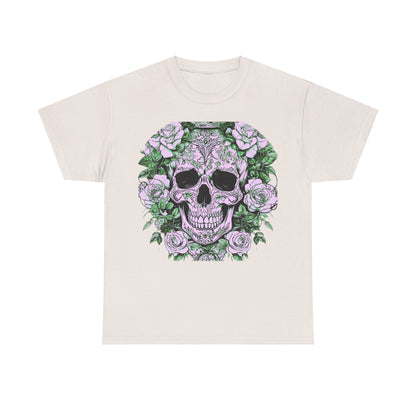 Luxury Skulls and Roses Cotton Tee in cream, featuring an intricate steampunk skull surrounded by elegant roses, perfect for unisex fashion lovers.