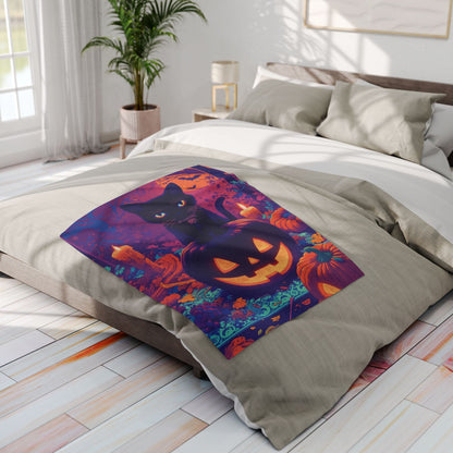 Decorative and Warm Halloween Spooky Arctic Fleece Blanket on a neatly made bed, adorned with a black cat and pumpkin imagery, adding luxury to Halloween decor.