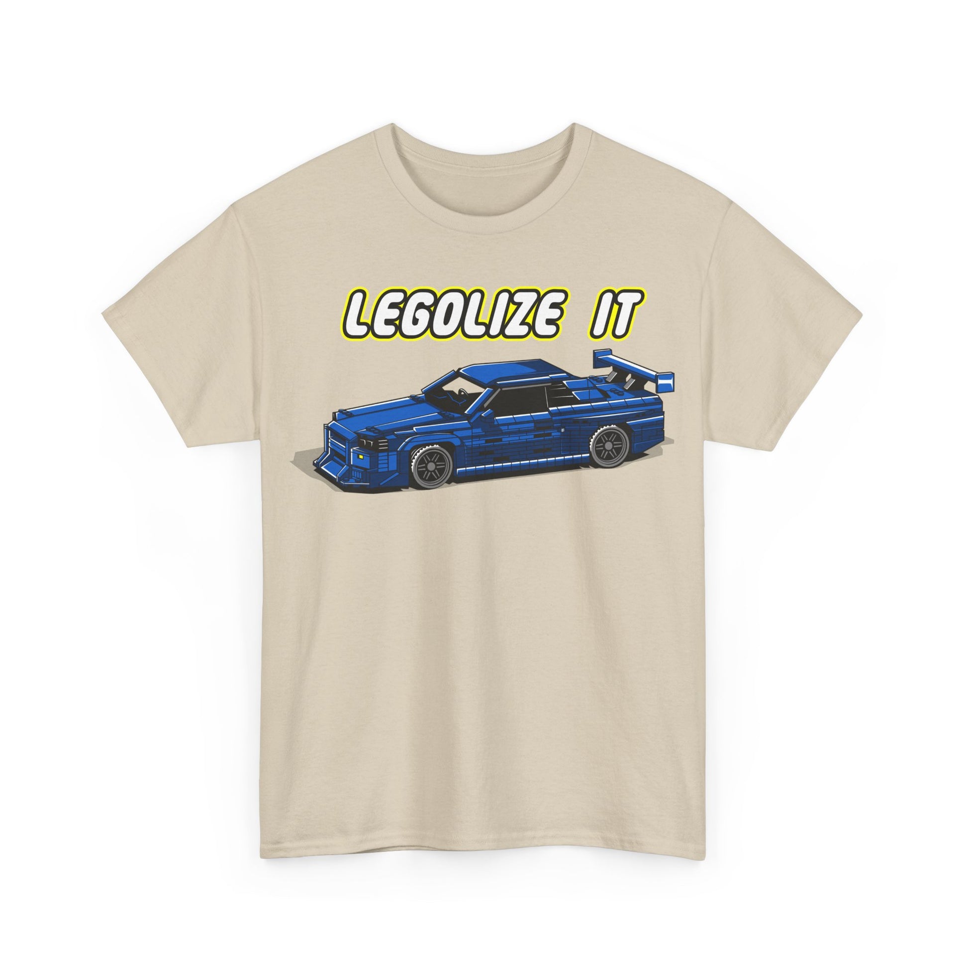 Premium men's graphic t-shirt featuring a retro pixelated blue sports car with the slogan 'LEGALIZE IT' in vibrant yellow, perfect for casual wear and expressing creativity.