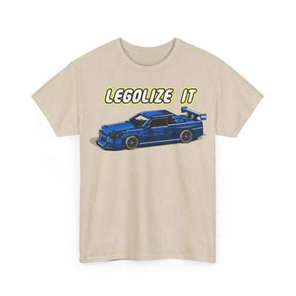 Premium men's graphic t-shirt featuring a retro pixelated blue sports car with the slogan 'LEGALIZE IT' in vibrant yellow, perfect for casual wear and expressing creativity.