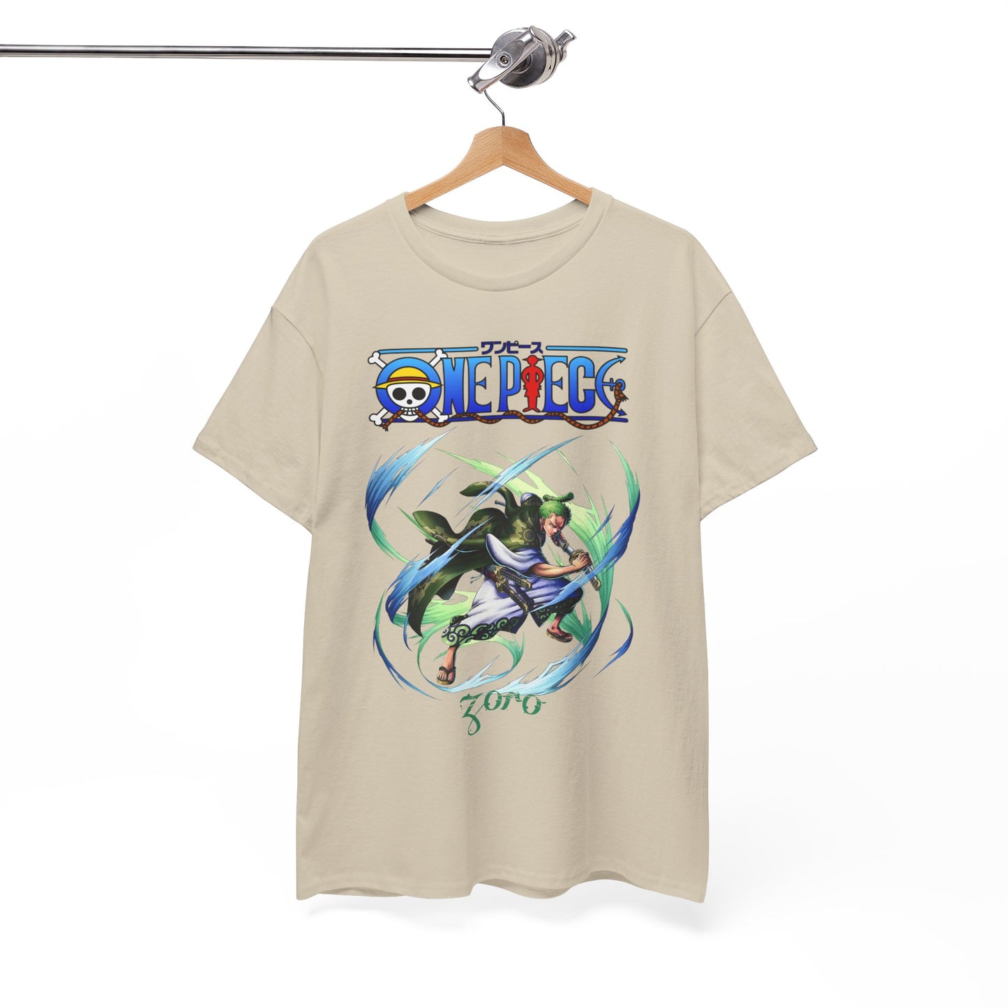 Elegant beige t-shirt displayed on a hanger, highlighting a striking design of Zoro from One Piece, embodying the spirit of adventure.