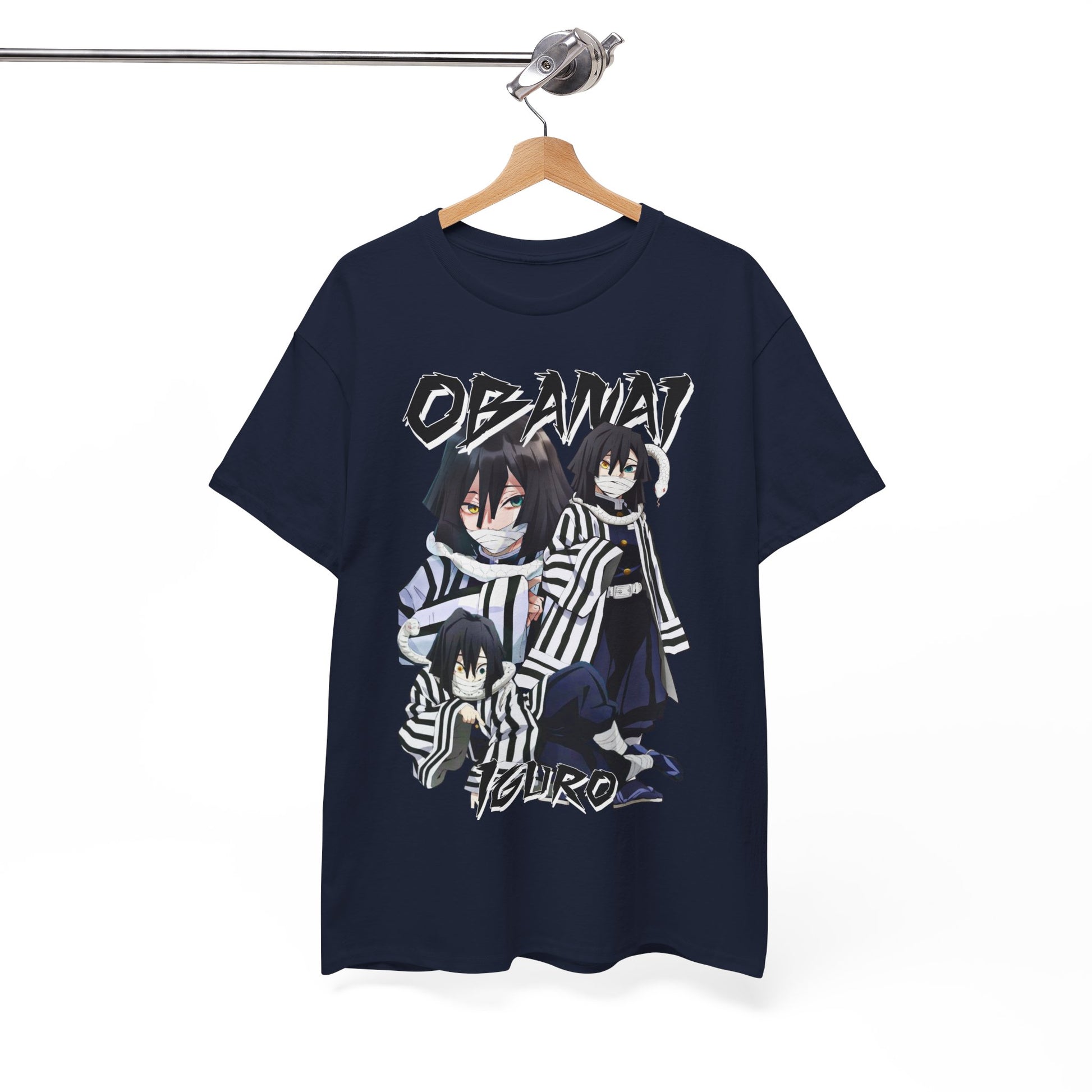 Luxurious navy T-shirt elegantly displayed on a wooden hanger, featuring the artistic design of Obanai Iguro, perfect for anime enthusiasts seeking distinct fashion statements.