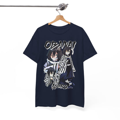Luxurious navy T-shirt elegantly displayed on a wooden hanger, featuring the artistic design of Obanai Iguro, perfect for anime enthusiasts seeking distinct fashion statements.