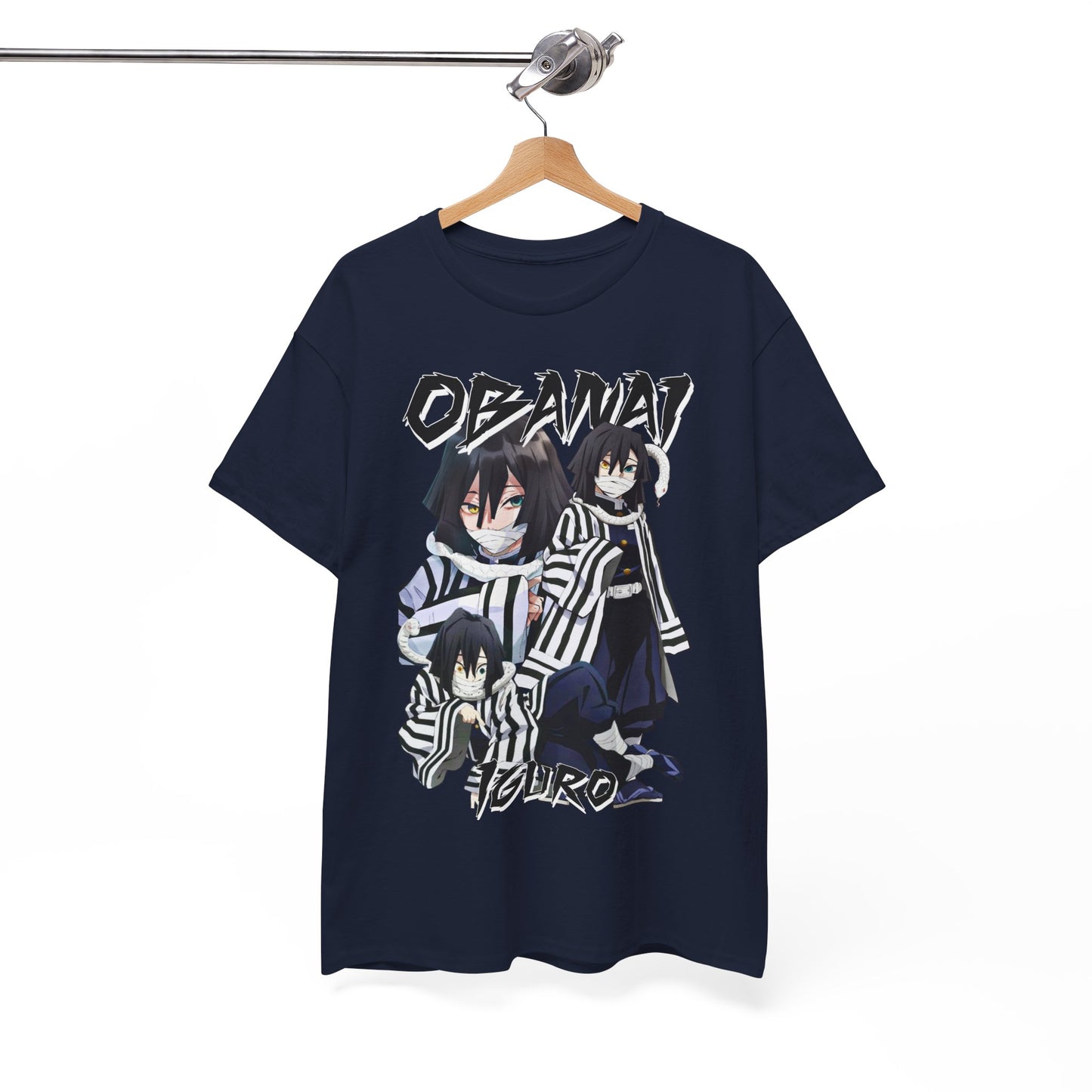 Luxurious display of a navy T-shirt featuring a vivid Obanai Iguro illustration, crafted for those who celebrate a unique blend of anime culture and contemporary style.