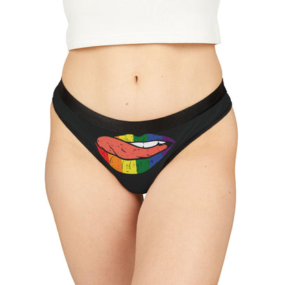 Luxurious women's thong featuring a rainbow lip graphic, perfect for playful and romantic occasions.