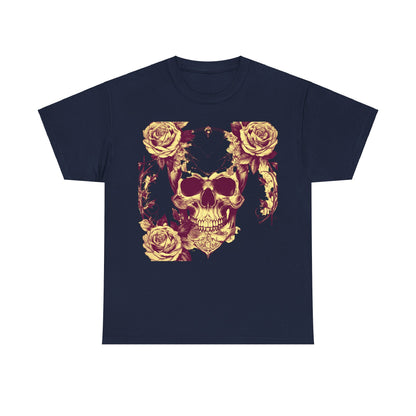 Front view of the luxurious Skulls and Roses Cotton Tee, featuring a captivating skull and rose design on a navy background.