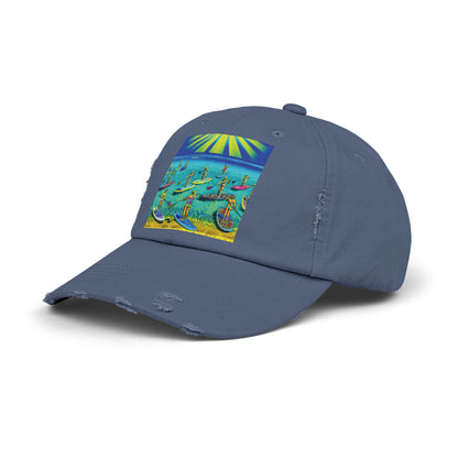 Unisex Distressed Paddleboarders Cap presented in a chic blue hue, featuring a colourful paddleboarding design for luxurious outdoor style.