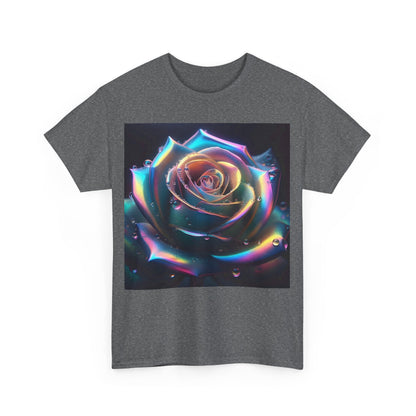 Front view of The Ethereal Rose Tee featuring a vibrant, artistic print of a stylized rose, encapsulating iridescent hues for a luxurious look.