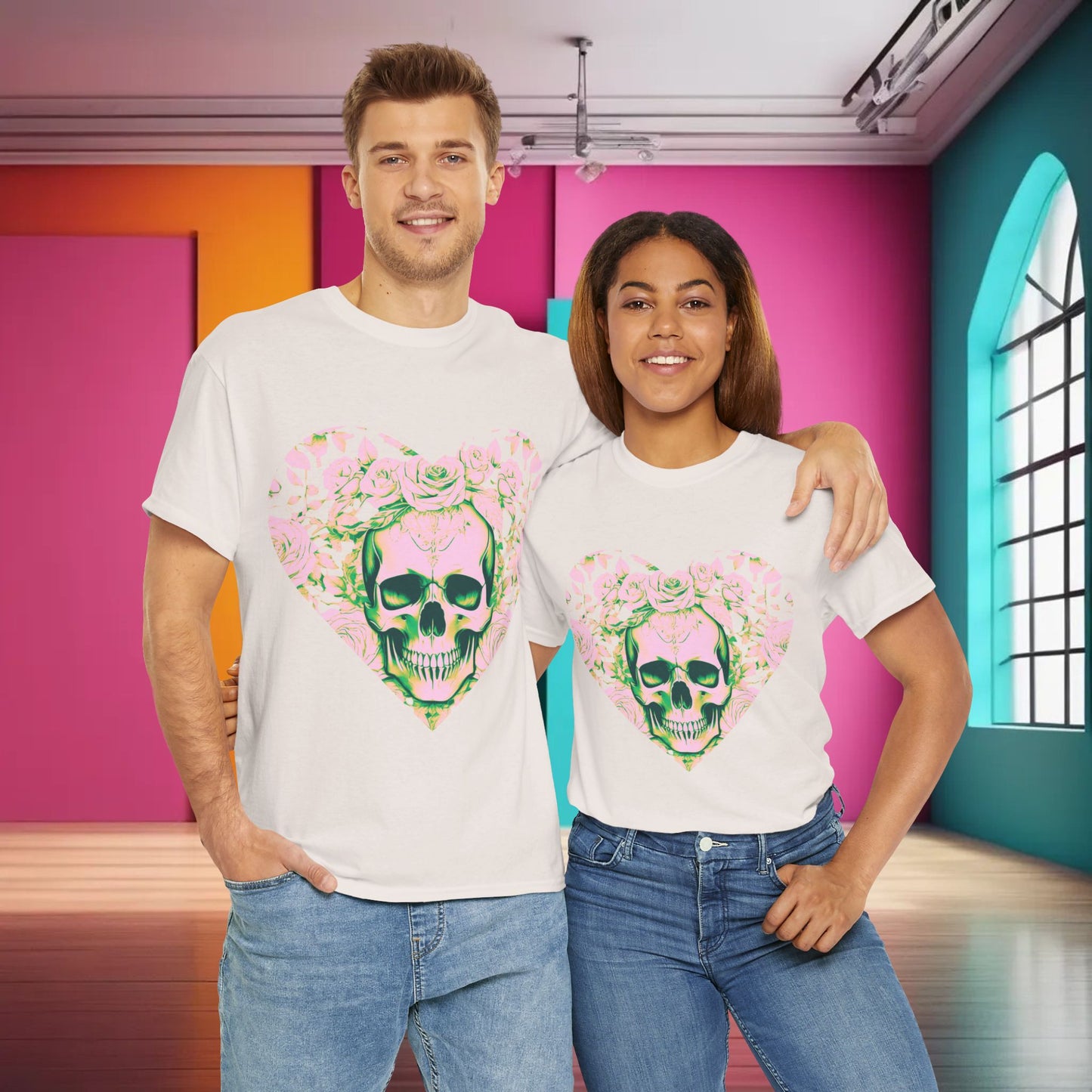 Skulls and Roses Cotton Tee, Unisex Graphic Shirt, 7 color choice