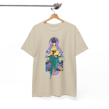 Elegantly suspended graphic tee on a wooden hanger, illustrating striking Squid Game-themed artistry on high-quality fabric, ideal for urban fashion enthusiasts.