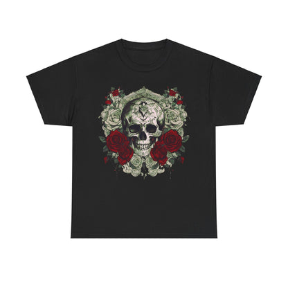 Premium Skulls and Roses Cotton Tee in a classic black colour, featuring a stunning skull and rose design that embodies contemporary luxury and alternative fashion.