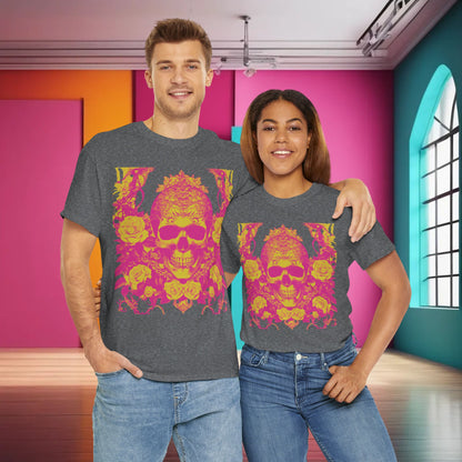 Stylish couple wearing the Skulls and Roses Cotton Tee, effortlessly embodying alternative fashion in a vibrant setting with striking colours.
