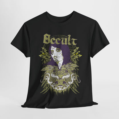Luxury black graphic T-shirt elegantly displayed draped across a surface, featuring a striking skull design and ornate details, perfect for fashionable wear and unique expression.