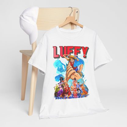 Luxurious men's t-shirt featuring a vibrant graphic print of Luffy and friends from the iconic anime series, set against a pristine white background, elegantly displayed with a minimalist wooden hanger.